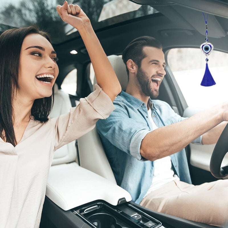 LUCKBOOSTIUM Evil Eye Hanging Ornament in Heart Shape Metal w/Blue Tassel Sign of Protection Blessing Strength & Power Home/Office Decorative Car Rear View Mirror Accessories Ornaments - Image 4